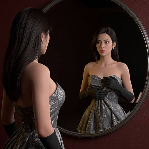  CGI image of a beautiful woman with long black hair, wearing a strapless silver dress and black gloves, gazing into a round mirror. Dark background