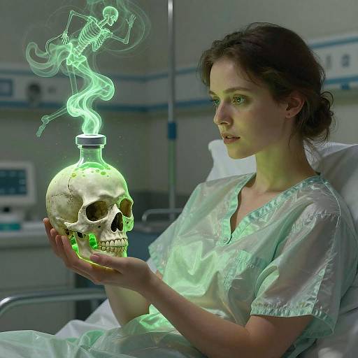 Patient Woman with Glowing Skull Vial