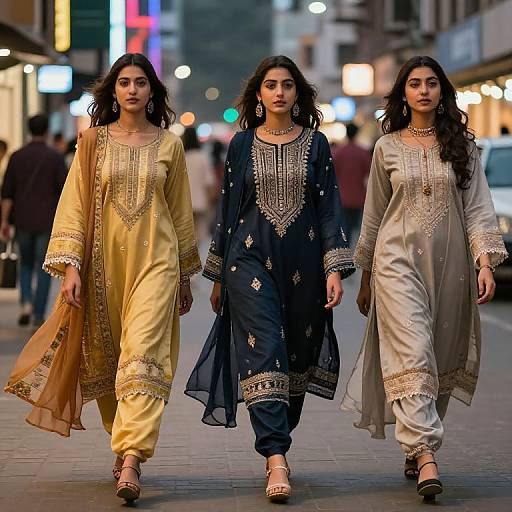 Photograph of three South Asian women in traditional kurtas, walking down a brightly lit urban street at night. The kurtas are yellow,