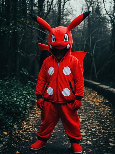 Person in Red Pokémon Costume in Forest