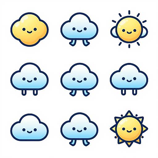 Cute digital cartoon of nine smiling weather icons: three yellow suns, three blue clouds, three white clouds, and three suns with rays.