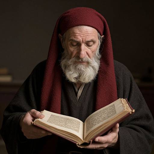 Photograph of an elderly, white-bearded man in a dark robe and maroon headscarf, intently reading an ancient, yellowed book