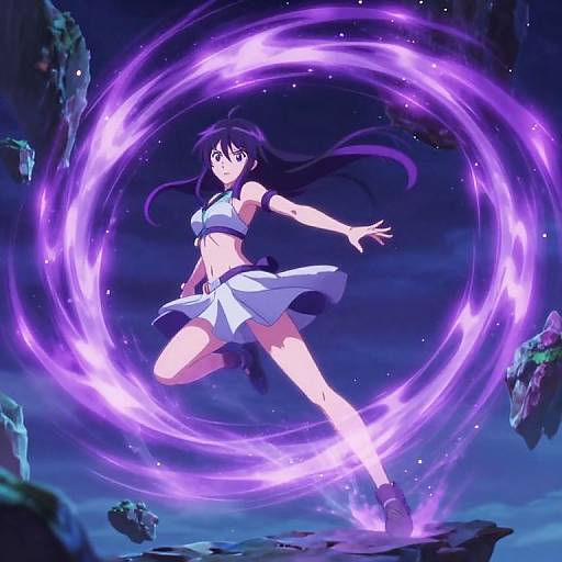 Anime-style digital illustration of a purple-haired girl in a white crop top and skirt, conjuring a glowing purple energy circle in a dark, rocky sky