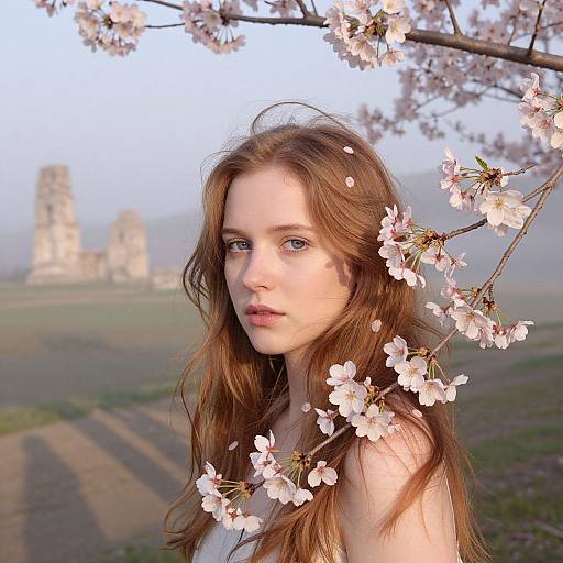 Photograph of a young, fair-skinned woman with long, wavy brown hair, gazing softly. Cherry blossoms frame her face, with