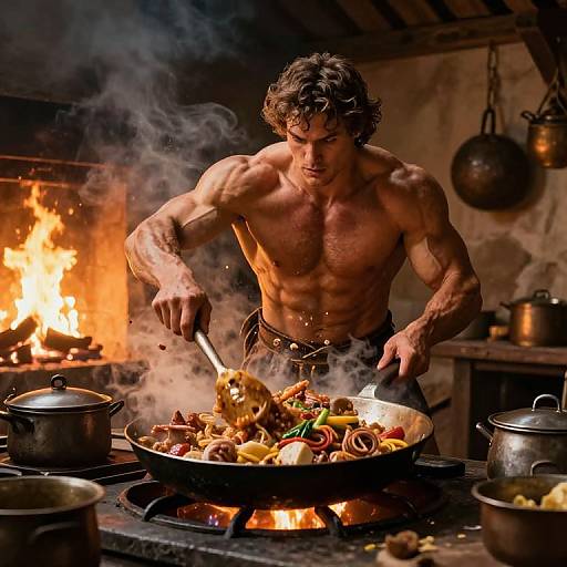 Muscular Hercules Cooking in Medieval Kitchen