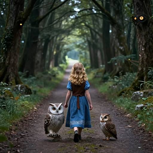 Photograph of a blonde girl in a blue dress, walking a forest path with two owls, surrounded by trees and dappled light.