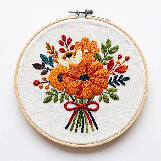 Vibrant embroidery in a wooden hoop featuring a bouquet of orange, red, and yellow flowers with green leaves and red ribbon.