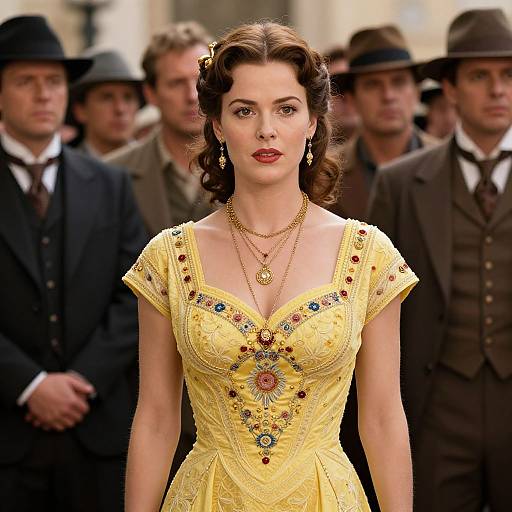 Photograph of a 1940s-style model with wavy brown hair, wearing an ornate yellow dress with embroidery and jewelry, standing in front