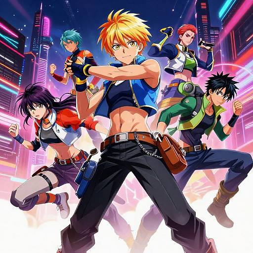 Anime-style digital illustration of five dynamic, muscular characters with colorful hair in a neon-lit, futuristic city, posing in action stances.