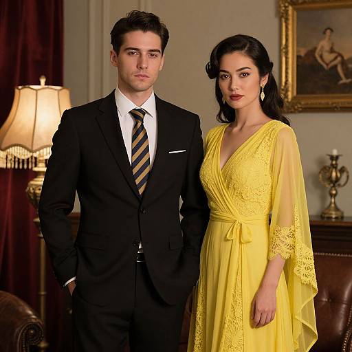 Photograph of a handsome man in a black suit and striped tie standing beside a beautiful woman in a yellow lace dress, in a well-lit,