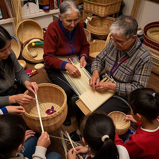 Photograph of four elderly Asian weavers in traditional clothing, working on wicker baskets in a cluttered workshop, surrounded by baskets.