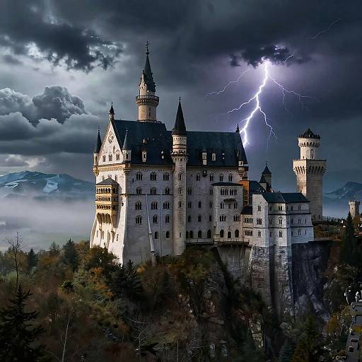 Photograph of a Gothic-style castle struck by a vivid lightning bolt, surrounded by dark, stormy clouds and misty mountains.