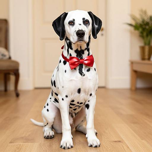 Photograph of a Dalmatian dog with black spots, wearing a bright red bowtie, sitting on a wooden floor in a softly lit,