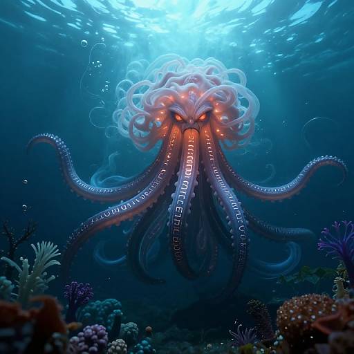 Digital artwork of a glowing, octopus-like sea creature with intricate tentacles, glowing eyes, and bioluminescent patterns, floating above a vibrant