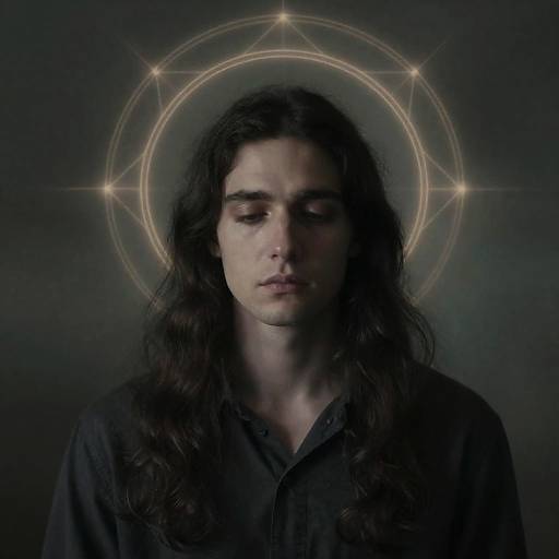 Photograph of a serious, long-haired man with pale skin, wearing a dark shirt, against a dark background with a glowing, circular, golden halo