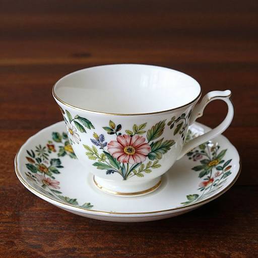 Photograph of a white, floral-patterned teacup with pink flowers and green leaves, on a matching saucer, set on a dark wooden