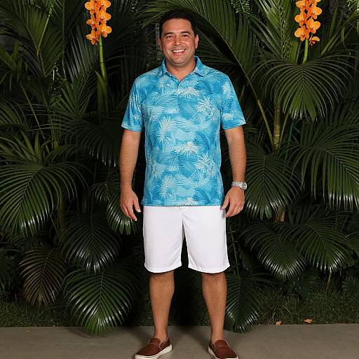 Smiling man in tropical shirt with palm plants background