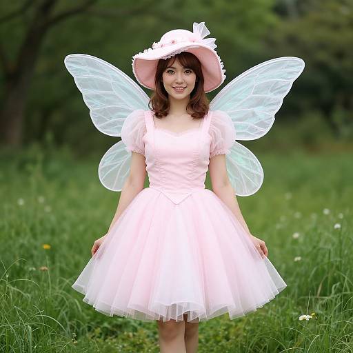 Photograph of an Asian girl with fair skin, wearing a pink dress, white hat, and glowing blue fairy wings, standing in a lush green me