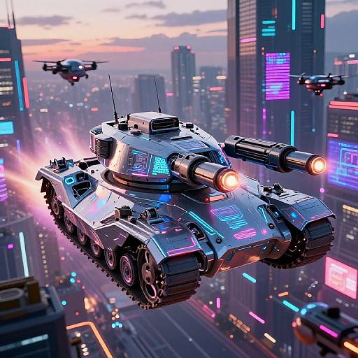 Digital artwork of a futuristic, neon-lit cityscape with a glowing, robotic tank flying through the air, flanked by two drones, and vibrant