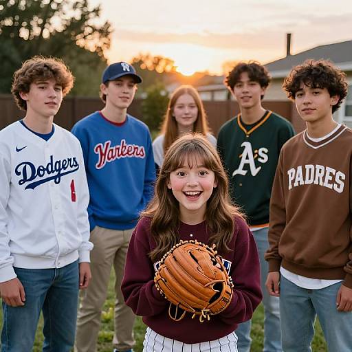 Photograph of five young baseball players at sunset, front girl with brown hair and gloves smiling, teammates in Dodgers, Yankees, Padres jerseys.