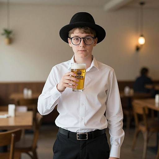 Photograph of a young man with glasses, black hat, white shirt, black pants, holding a beer mug in a dimly lit café.