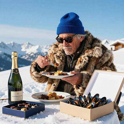 Rugged Older Man Snowy Feast