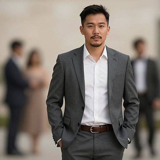 Photograph of an Asian man with short black hair and a mustache, wearing a gray suit and white shirt, standing confidently in a blurred outdoor background
