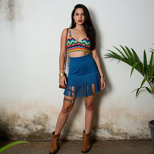 Photograph of a dark-haired woman in a colorful zigzag crop top, blue fringed skirt, brown boots, gold bracelets, standing against a textured