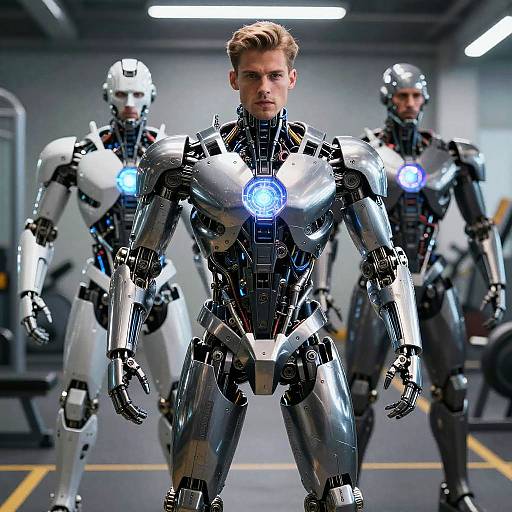 Photorealistic CGI of a muscular, blonde-haired man in a sleek, black and silver robotic suit with glowing blue chest panel, flanked by two