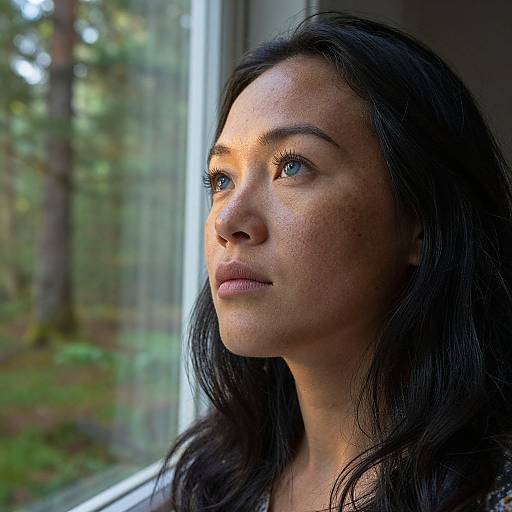 Photograph of a young woman with dark, wavy hair, freckled face, and light brown eyes, gazing thoughtfully out a window