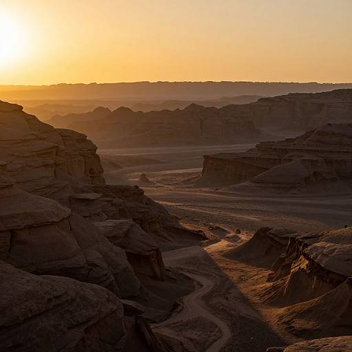 Photograph of a desert canyon at sunset, with golden sunlight casting long shadows over rugged, layered rock formations and a winding riverbed.