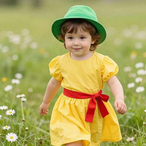 Photograph of a smiling young girl with brown hair, wearing a green hat, yellow dress with red ribbon, standing in a field of white dais