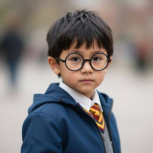 Photograph of a young boy with black hair, round black glasses, wearing a navy hoodie, white shirt, and striped tie, standing outdoors with a