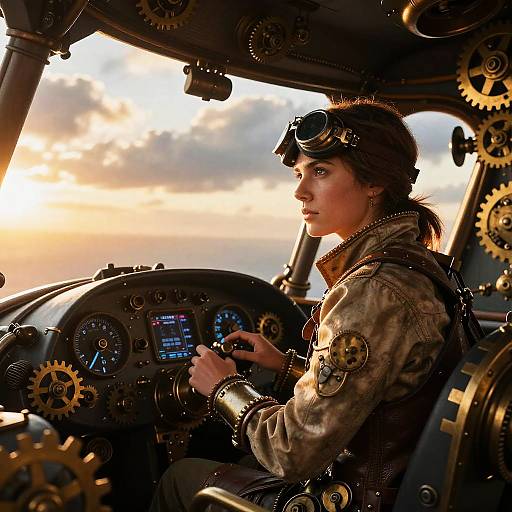 Steampunk Airship Navigator at Sunset