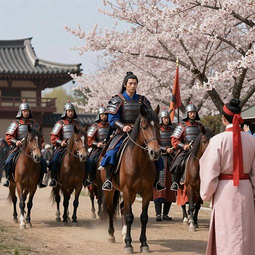 Historical Asian Horseback Warriors Amid Cherry Blossoms
