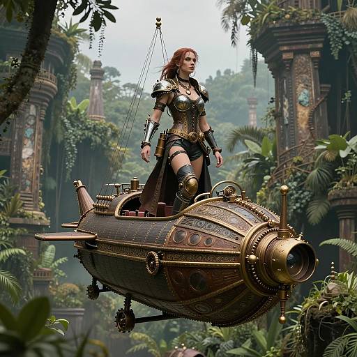 Steampunk Woman Piloting Ornate Flying Airship