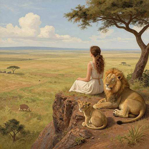 Photorealistic painting of a woman in a white dress, sitting on a cliff with a lion and lioness, overlooking a vast savannah with distant