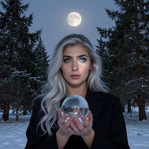 Photographic-style digital art: Silver-haired woman with blue eyes holding a crystal ball, moonlit snowy forest background, black coat, serene expression.
