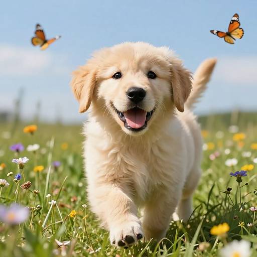 Photograph of a fluffy, golden Labrador puppy joyfully running in a vibrant, sunny meadow with colorful flowers and two orange butterflies.
