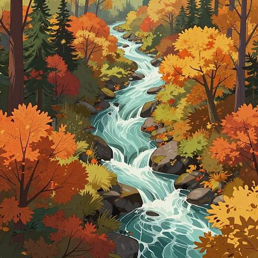 Digital illustration of a vibrant autumn forest with a rushing, turquoise river flowing through colorful orange, red, and yellow trees.