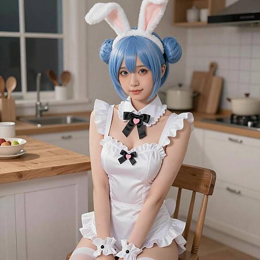 Blue-Haired Bunny Costume in Kitchen