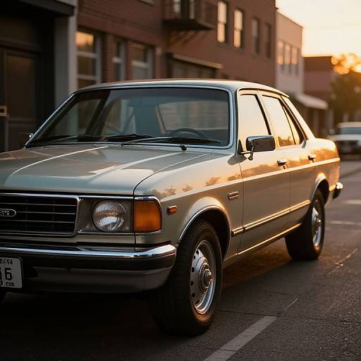 Photograph of a silver Ford sedan parked on a city street at sunset, reflecting warm light, with brick buildings in the background.
