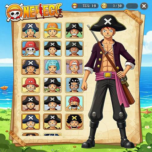 Digital anime-style image of a muscular pirate with a black tricorn, open shirt, and sword, standing in front of a parchment with 15 character