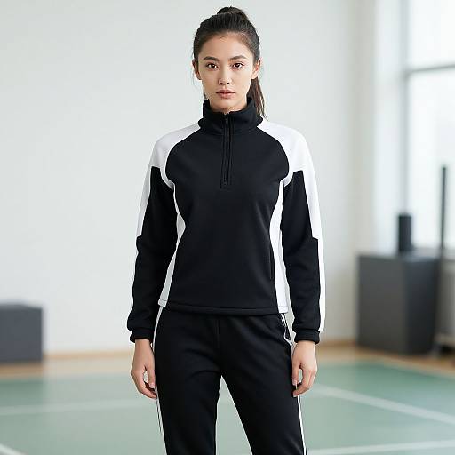 Photograph of a young Asian woman with straight black hair in a ponytail, wearing a black and white athletic tracksuit, standing in a brightly lit