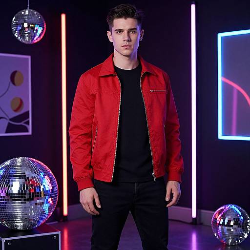 Photograph of a young man with short brown hair, wearing a red jacket over a black shirt, standing in a neon-lit room with reflective disco
