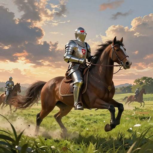 Photorealistic digital art of a knight in shiny silver armor riding a galloping brown horse in a vibrant, grassy field during a sunset,