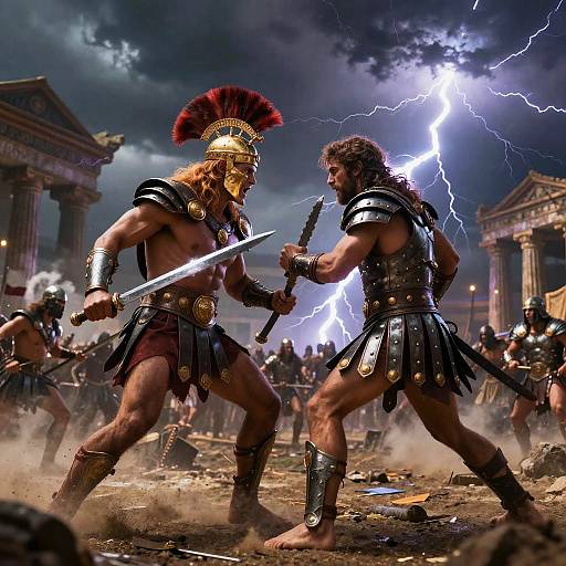 Photorealistic CGI of two muscular, armored gladiators with swords clashing in a lightning-filled, ancient Roman arena, surrounded by cheering crowds.
