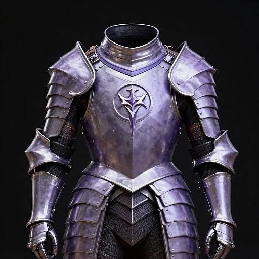 Photograph of a polished, silver medieval knight's armor with intricate emblem on chest plate, set against a black background.