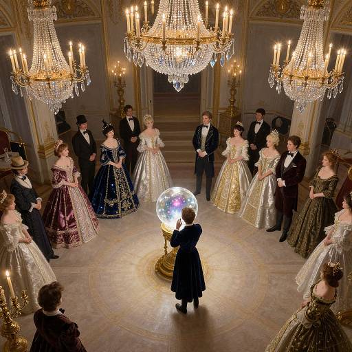 Photograph of a grand ballroom with crystal chandeliers, dressed guests in elaborate Victorian-era attire, and a small child illuminating a glowing orb
