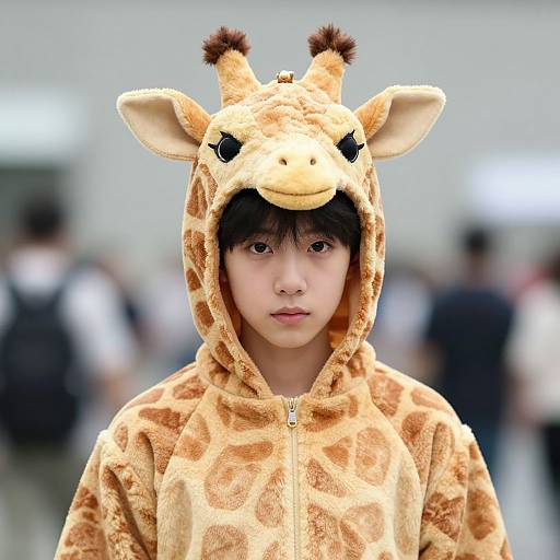 Photograph of an Asian teenage boy with straight black hair, wearing a giraffe-themed hoodie with antlers and ears, standing indoors with a blurred background